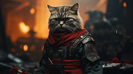 a cinematic photograph of a full body potrait cat wearing samurai uniforms. Generative AI