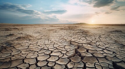 A landscape of dried lake. Drying lake because of extreme heat weather. Climate change effect.
