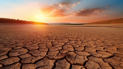 A landscape of dried lake. Drying lake because of extreme heat weather. Climate change effect. - obrazy, fototapety, plakaty