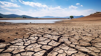 A landscape of dried lake. Drying lake because of extreme heat weather. Climate change effect.