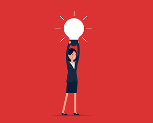 Businesswoman holding idea light bulb above his head. Great idea and brainstorming in business