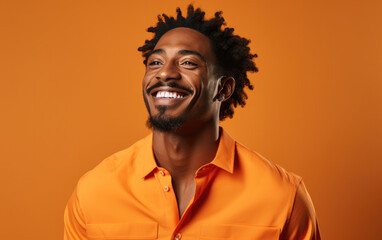 happy handsome fashion African American man smiling and wearing color cloth, solid light color background