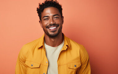 happy handsome fashion African American man smiling and wearing color cloth, solid light color background