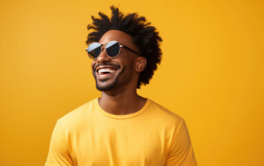 happy handsome fashion African American man smiling and wearing color cloth, solid light color background