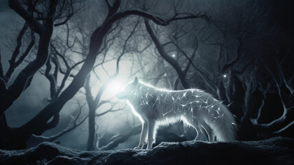 white fox with walking under full moon in the night forest. Generative AI - obrazy, fototapety, plakaty