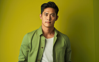 Fototapeta premium happy handsome fashion man smiling and wearing color cloth, solid light color background