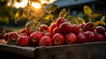 Apples In Wooden Crate On Table At Sunset, Autumn And Harvest Concept. Generative AI
