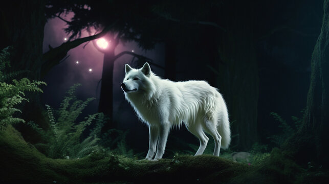 white fox with walking under full moon in the night forest. Generative AI