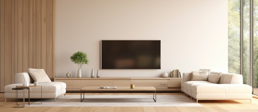 Minimalist living room with beige decor large comfy sofa facing TV and wall unit with coffee table and rug on wooden floor With copyspace for text