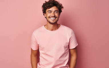 happy handsome fashion man smiling and wearing color t-shirt, solid light color background