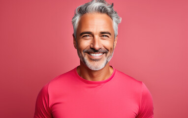 Obraz premium happy handsome fashion man smiling and wearing color t-shirt, solid light color background