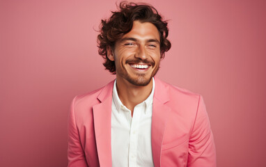 Obraz premium happy handsome fashion man smiling and wearing color shirt, solid light color background