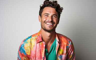 happy handsome fashion man smiling and wearing colorful flower pattern shirt, solid light color background