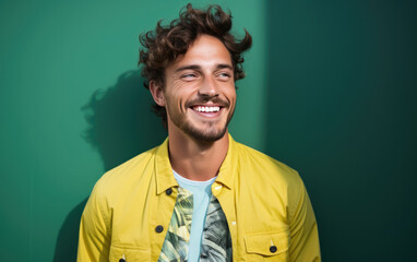 happy handsome fashion man smiling and wearing colorful flower pattern shirt, solid light color background
