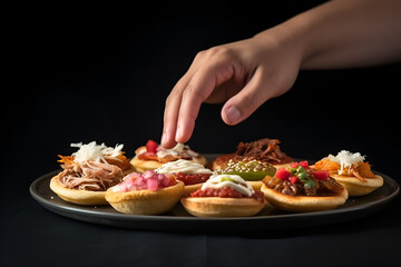 hand taking Mexican meat sopes from traditional dia generative ai