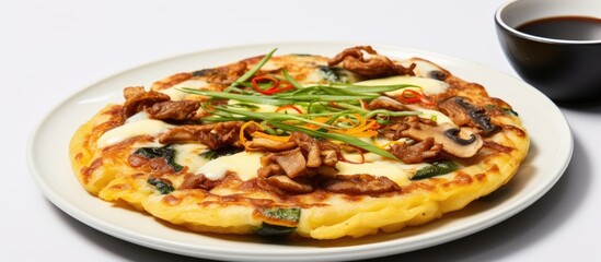 Asian style Pajeon a Korean dish resembling a pancake or pizza With copyspace for text