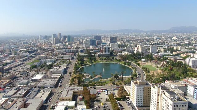 Cinematic Daytime Drone Footage of LA skyline and Dodger Stadium 