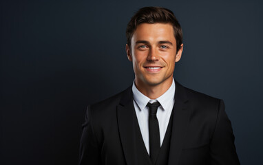 happy handsome fashion businessman smiling and wearing black suit, dark background