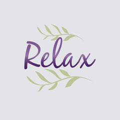 Fototapeta na wymiar relax text with leaves. phrase for decoration, poster, posts, web, branding, logo. purple text, green leaves. positive phrase