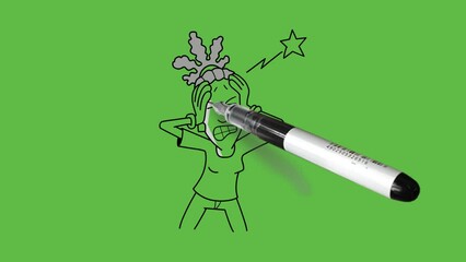 draw standing young girl hold head with both palm near yellow star with black outline on abstract green screen background    
