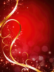 Fancy red holiday background with gold flourishes and sparkles