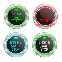 Set off the Engine start-stop button for vehicle ignition isolated on white background. The power button is a white red blue green light, Vector 3d illustration EPS10. Design for you.