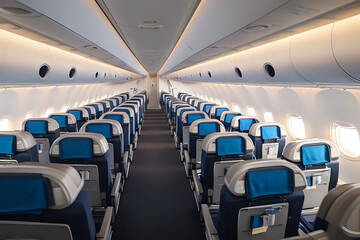 Fototapeta premium Commercial airplane cabin with rows of aisle seats