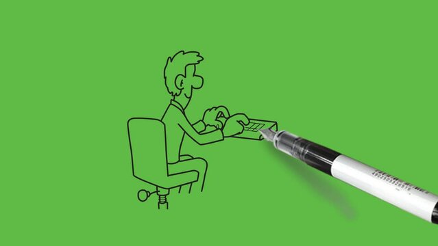 draw backside of young man sit on adjustable office chair work on computer place on table show ctrl+v and ctrl+c on screen with black outline on abstract green screen background    
