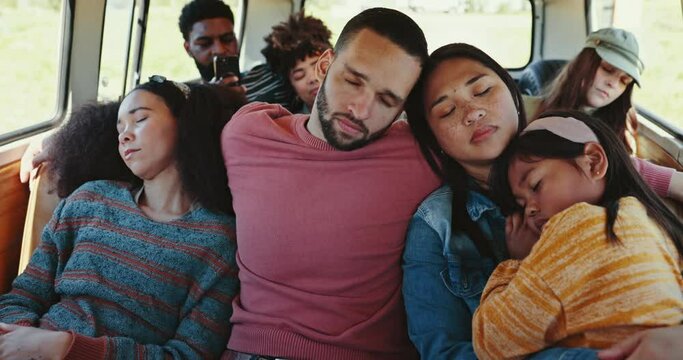 Car, sleeping group and people travel on caravan journey, SUV transport or holiday road trip, motor vehicle or van. Automobile transportation, tired and friends fatigue, burnout or exhausted on tour