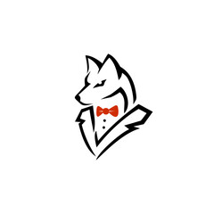 classy gentleman style fashion logo design. Vector illustration fox wearing a tuxedo and bow tie. The fox looks posing confidently. classic logo design vector icon template