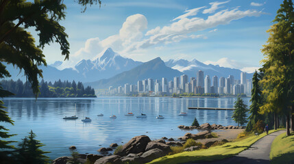  Stanley Park in Vancouver with the harbor and mountains in the distance - obrazy, fototapety, plakaty