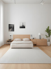 Decor in this bedroom is minimal but impactful. A strategically placed piece of artwork, a potted plant, or simple colors, adding a touch of personality. AI Generated