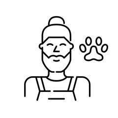 Pet groomer. Smiling kind man with hipster beard and man bun in apron with paw symbol. Pixel perfect, editable stroke icon