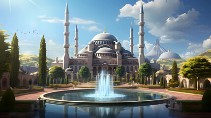 Hagia Sophia and the Blue Mosque with a fountain in front of it - obrazy, fototapety, plakaty