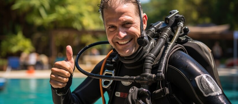Scuba training underwater with gesture instructions by unidentified dive master in Bali Indonesia With copyspace for text