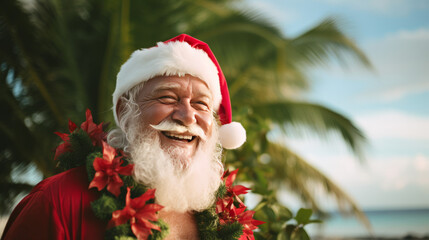 Santa Claus is smiling, wearing a big flower necklace, enjoying tropical island with white sand...