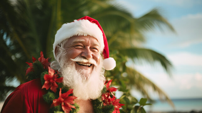 Santa Claus is smiling, wearing a big flower necklace, enjoying tropical island with white sand beach and coconut trees