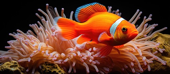Fototapeta na wymiar Orange fish seeks safety within carpet anemone With copyspace for text
