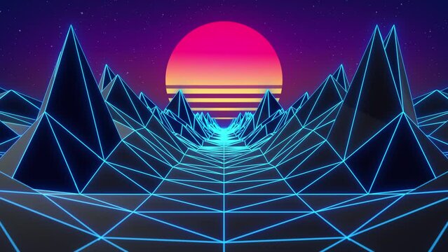 Retro futuristic digital landscape low poly 3D animation with sunset behind mountains and laser grid, 80s Retro Background concept, 4K Digital seamless loop