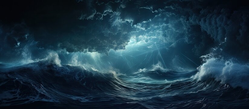 Nighttime with stormy weather and crashing waves With copyspace for text