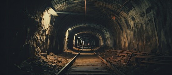 Abandoned and ruined underground mine tunnel or industrial corridor with perspective view toned With copyspace for text - obrazy, fototapety, plakaty