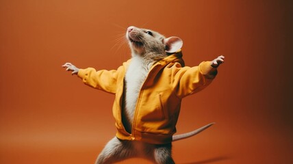Dancing mouse with yellow jacket - obrazy, fototapety, plakaty