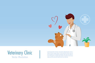 Animal hospital, veterinary clinic. Veterinarian doctor diagnosis and check up cat health at hospital. Pet health care and medical service for domestic animal. Vector.