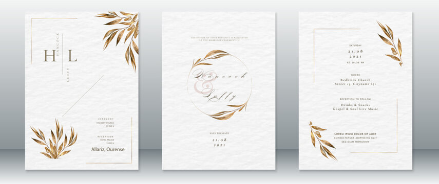 Luxury wedding invitation card template golden design minimalist with leaf and white watercolor background