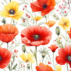 Watercolor poppy and wildflower seamless repeating floral pattern background