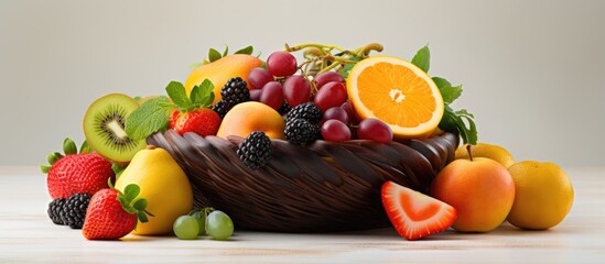 Fruit basket filled with fresh produce With copyspace for text