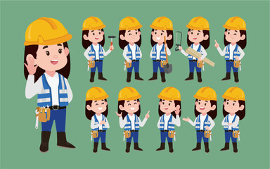 Set of worker with different poses
