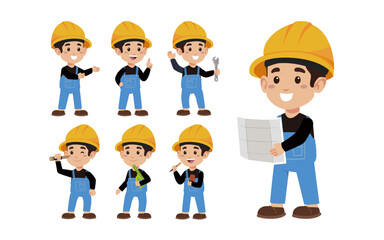 Set of worker with different poses