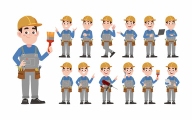 Set of worker with different poses