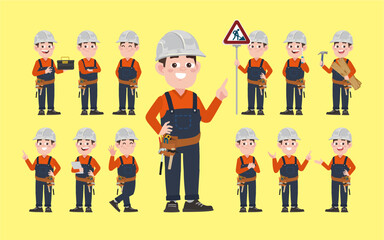 Set of worker with different poses